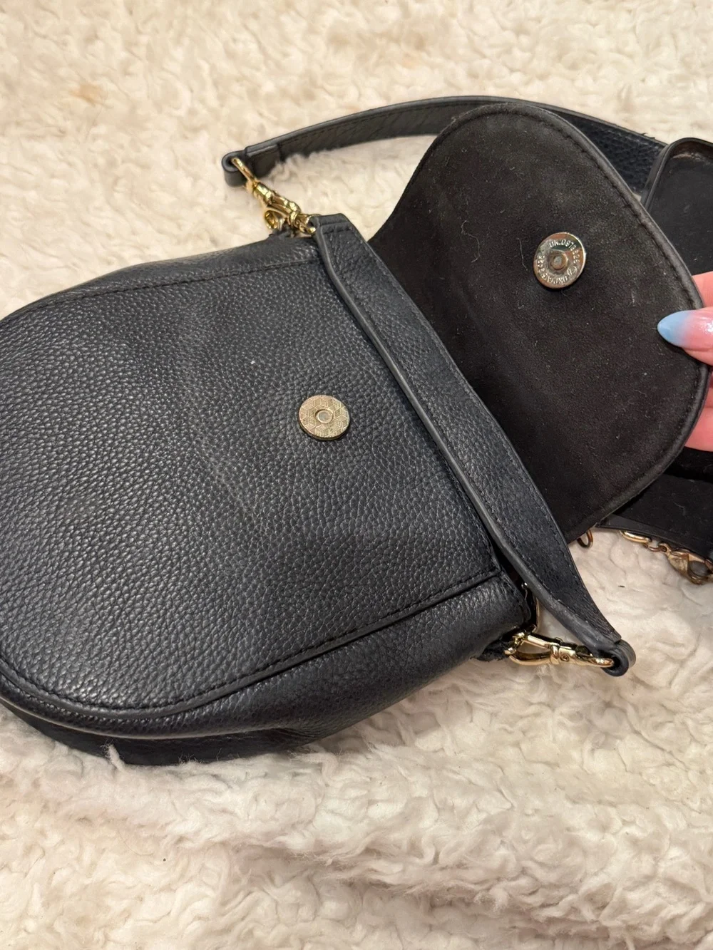 Bandolier Black Pebbled Leather Crossbody and Phone Case with Gold Chain